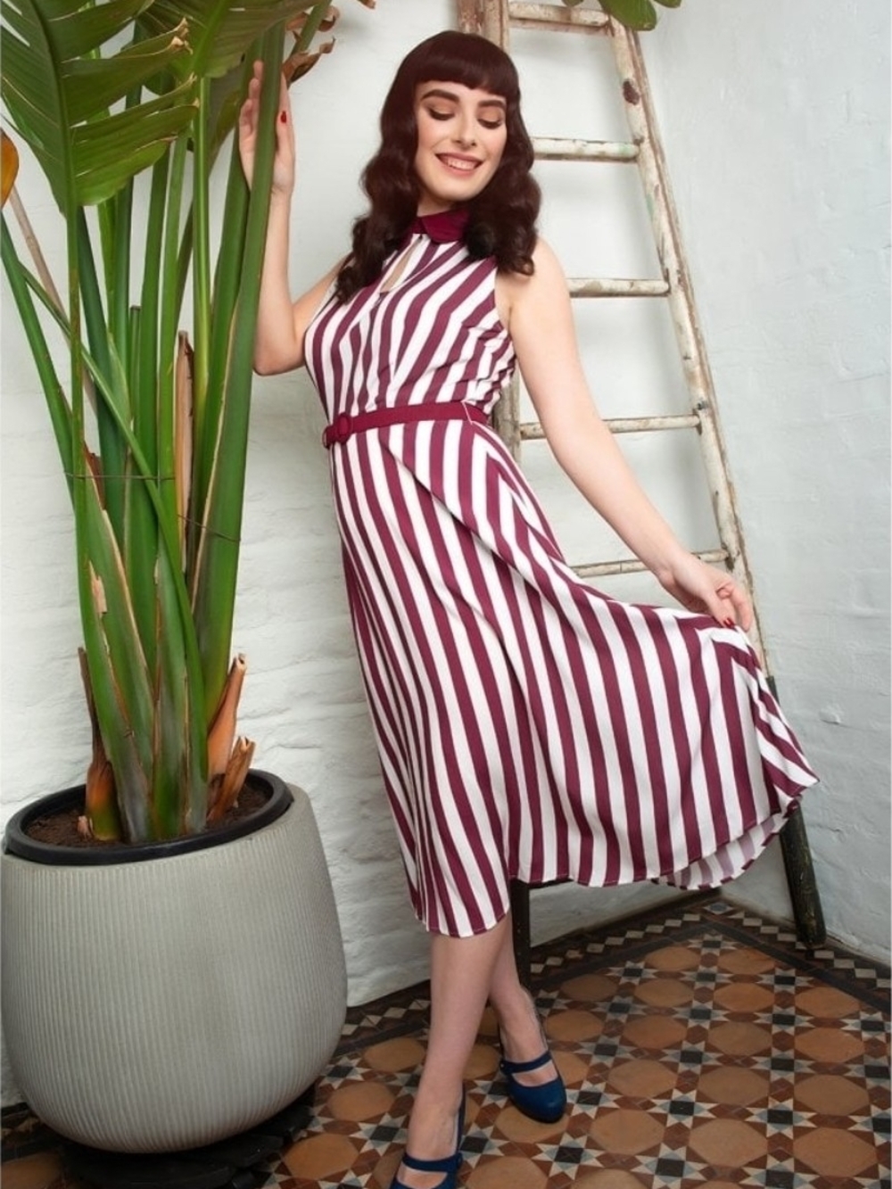 Collectif Adelaide Collared Shirt Dress In Burgundy Strips - Original Line